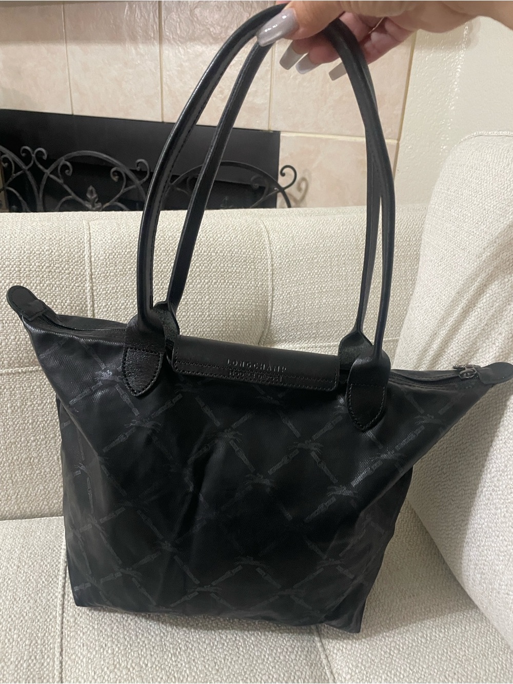 Longchamp Black Leather-Trimmed Tote with Printed Nylon - Picture 3 of 14